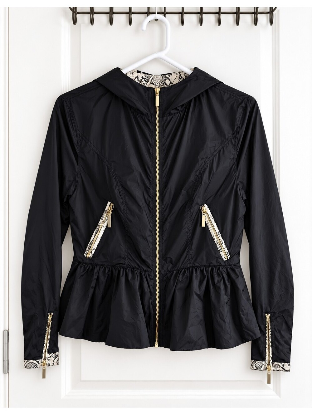 Katherine Barclay Women’s Black Hooded Peplum Jacket Sz SM Lace Trim Gold Zip